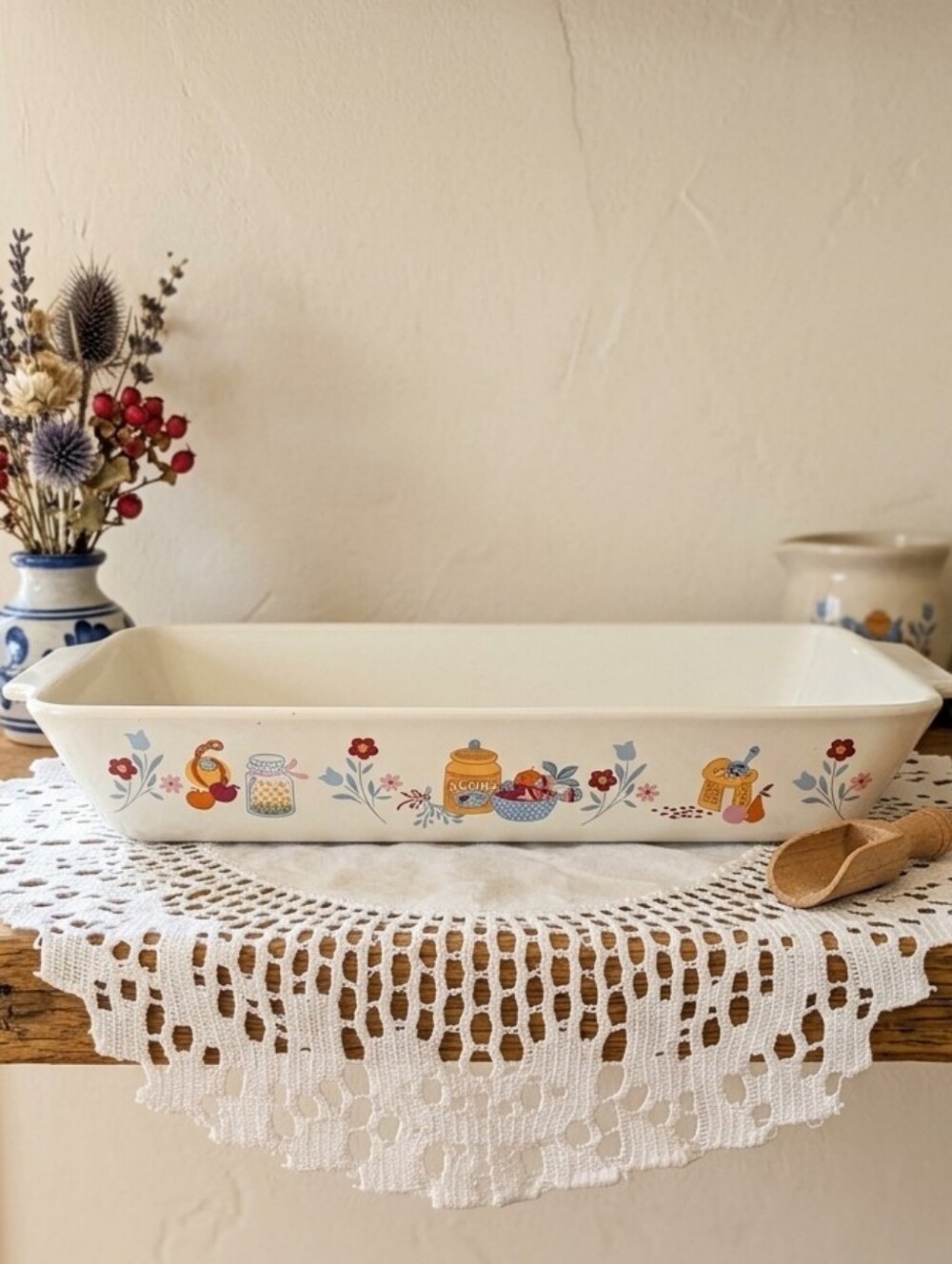 Vintage “Our Home” Japan Baking Dish – Retro Kitchen Scene, Fruit Bowls & Flour